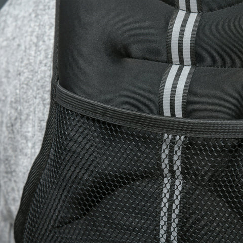 Black adidas backpack with three white stripes and mesh side pocket shown with homcom running weight vest in oxford fabric