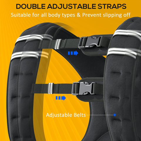 Black padded dog harness with double adjustable straps and reflective white stripes for safety and comfort