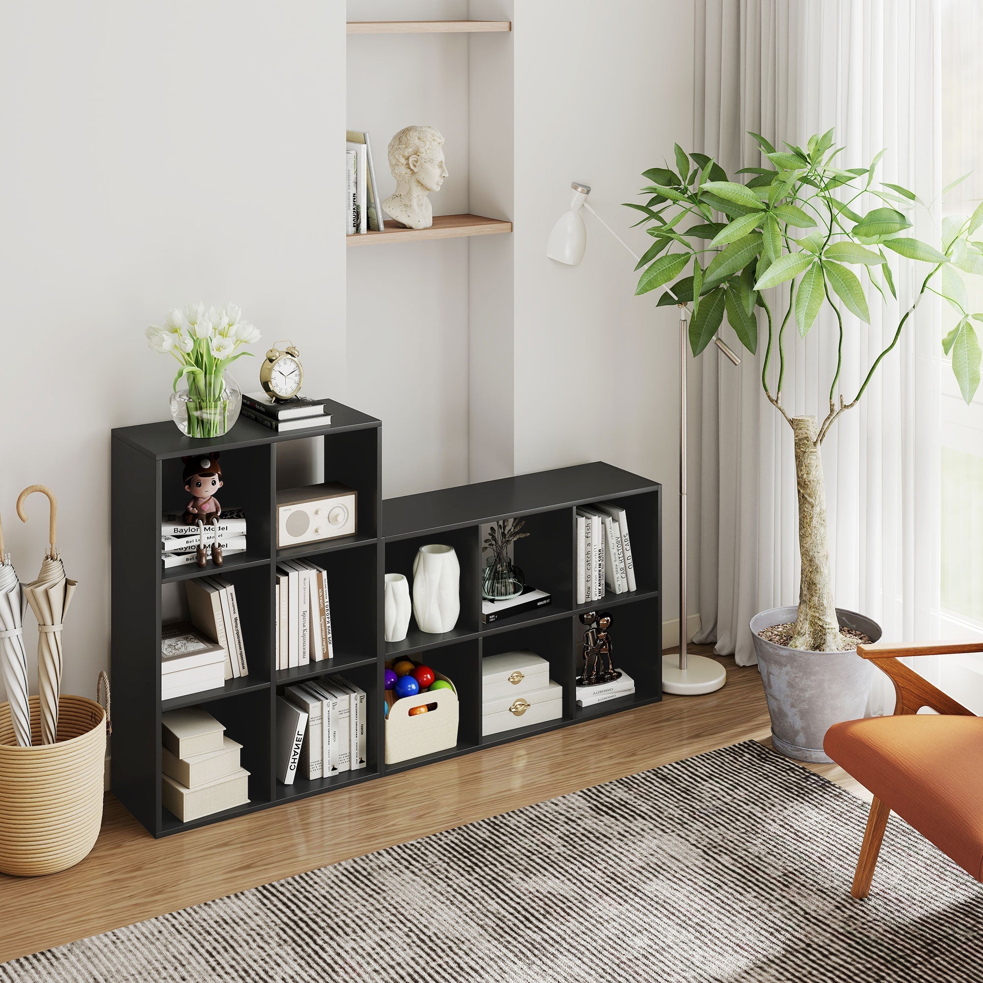 Black homcom 6-cube bookshelf with particle board shelves and multiple cubbies ideal for home office storage