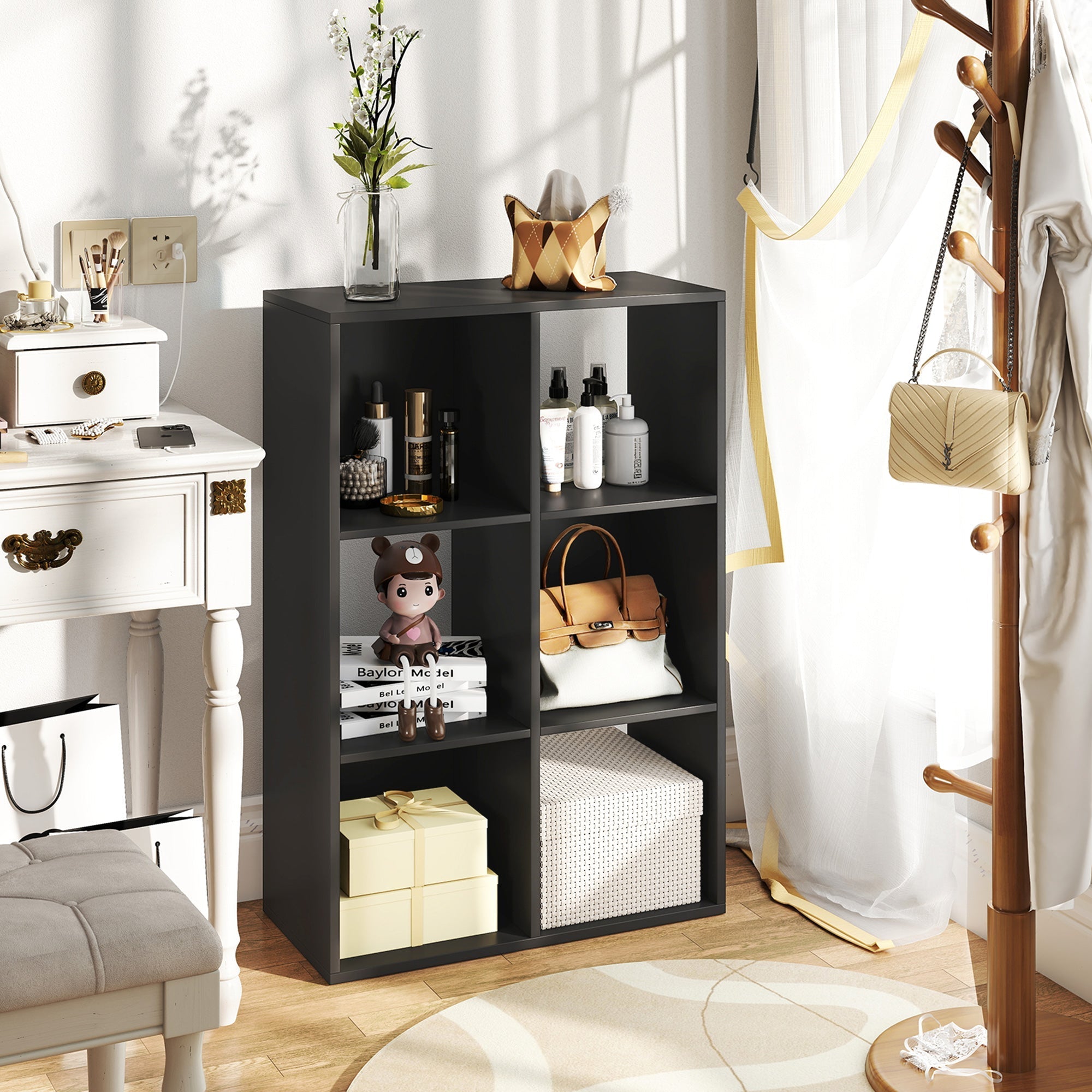 Black homcom 6-cube bookshelf with matte particle board finish and four open compartments for home office storage