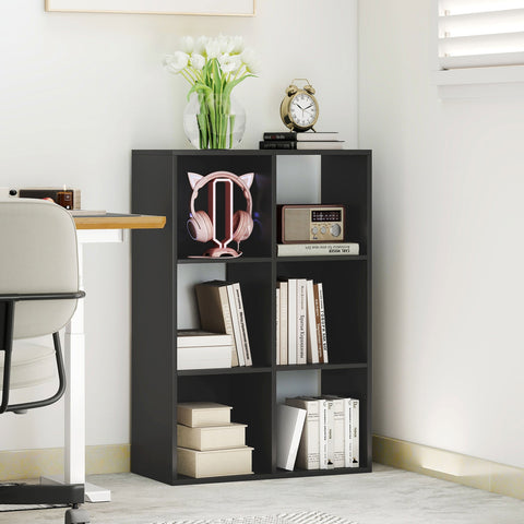 Black particle board HOMCOM 6-cube bookshelf with open compartments perfect for a modern home office setup