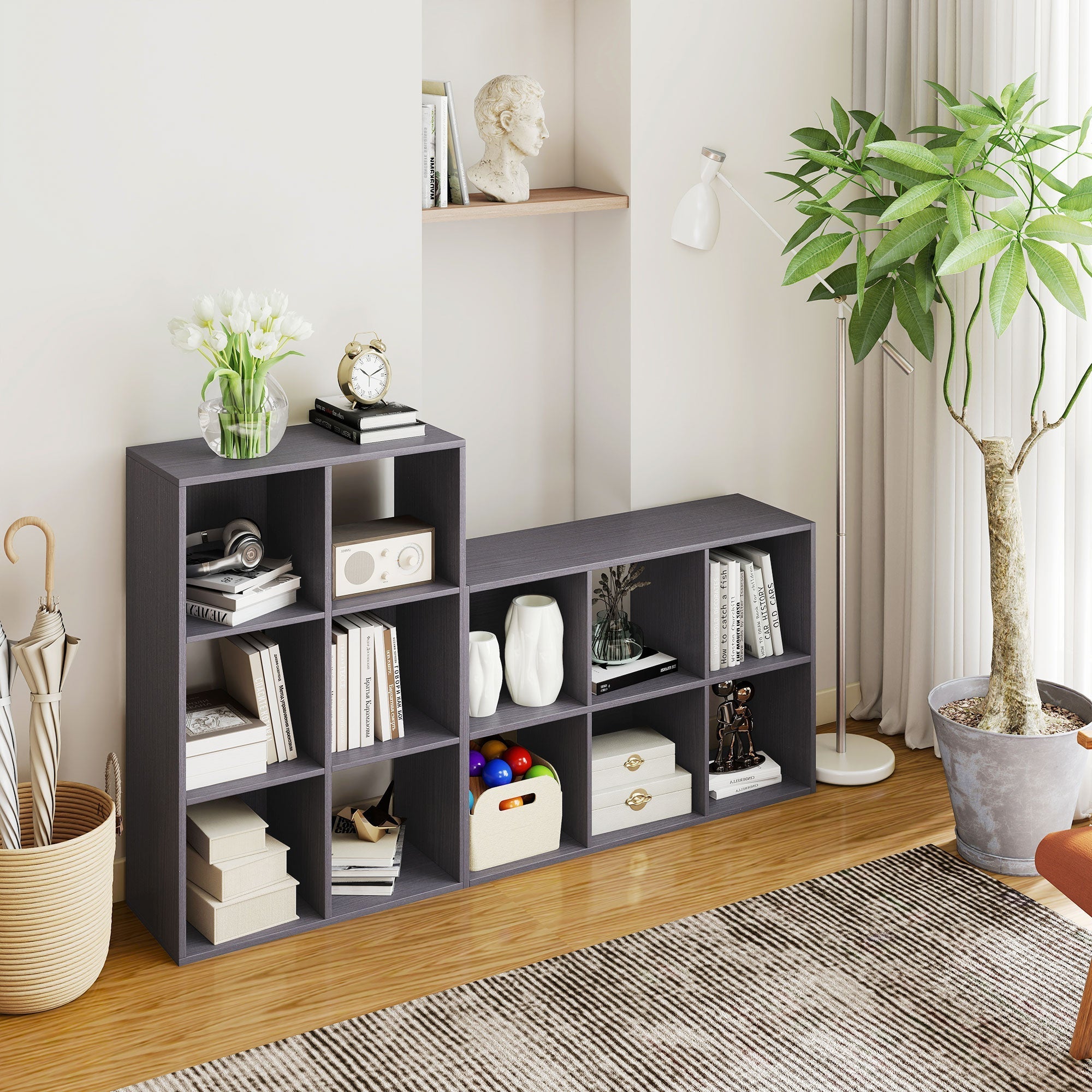 Dark gray particle board homercom 6-cube bookshelf with open cubbies perfect for home office storage