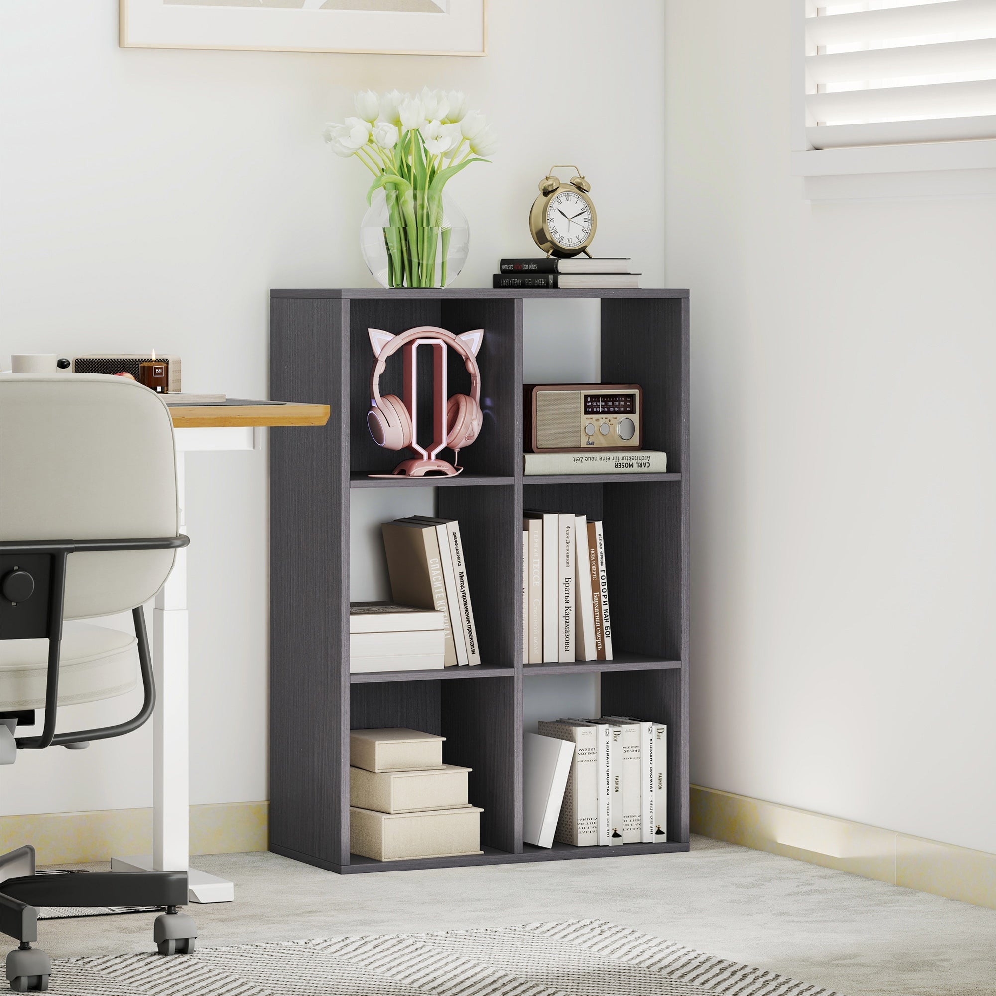 Dark gray homcom 6-cube bookshelf made of particle board with multiple compartments ideal for home office use