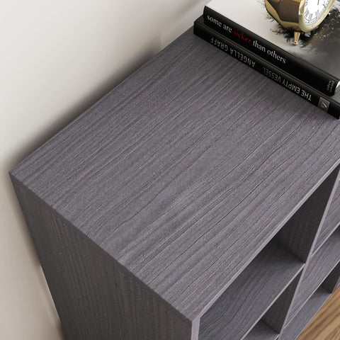 Gray wood-grain finish particle board 6-cube storage unit with open shelving ideal for home office organization