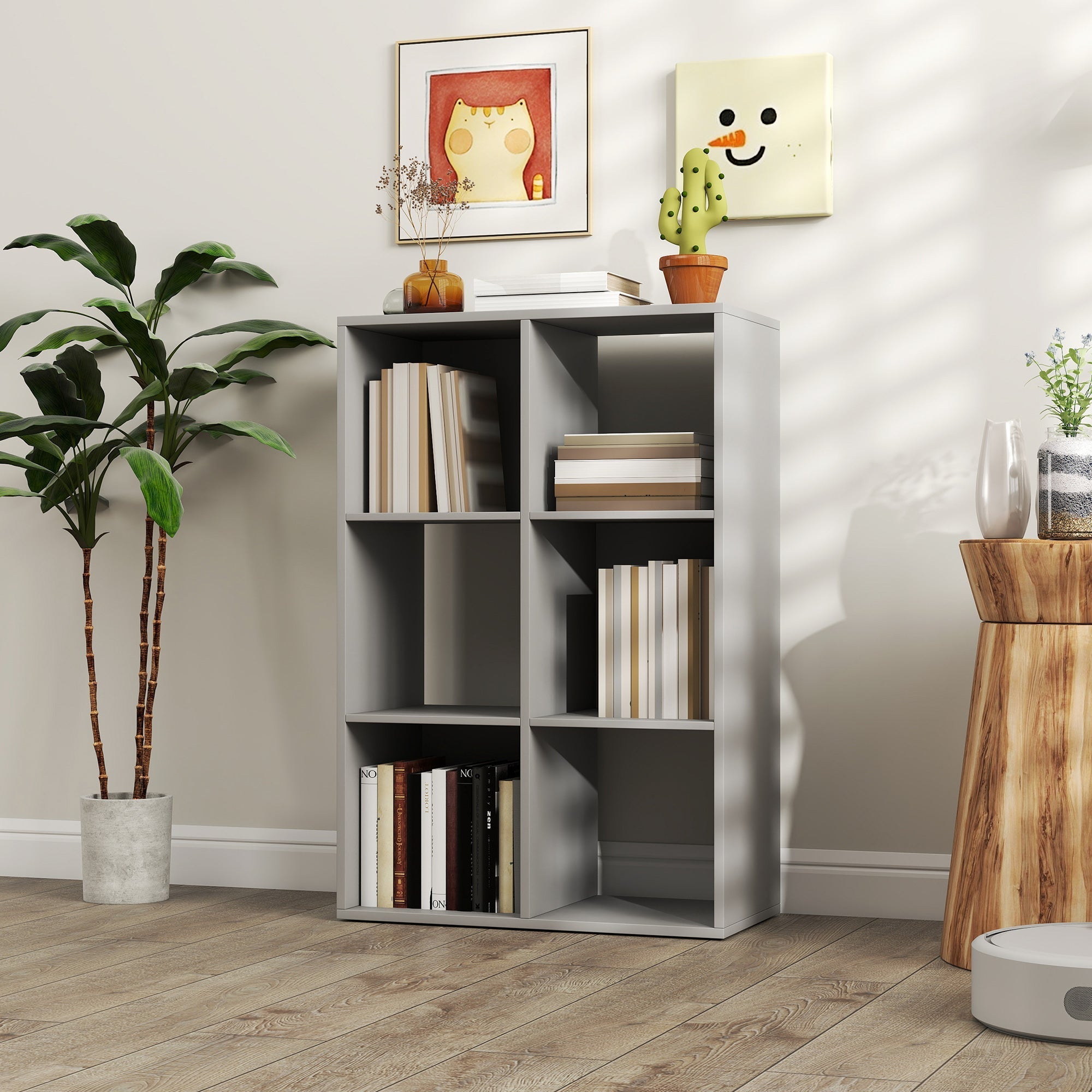 Gray modular HOMCOM 6-cube bookshelf with multiple compartments made of particle board in light grey for home office