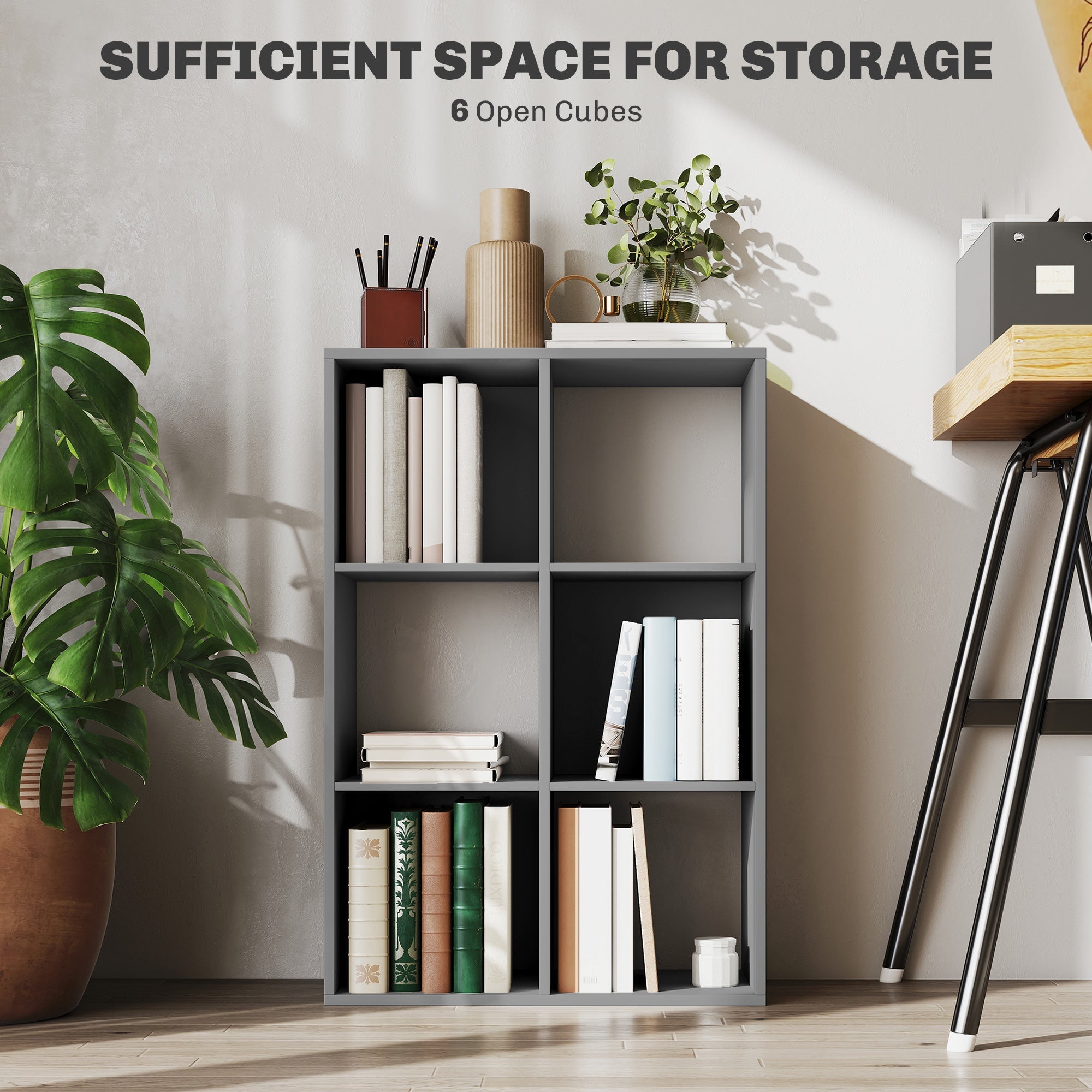 Gray modular 6-cube bookshelf made of particle board in light grey perfect for home office storage and decor