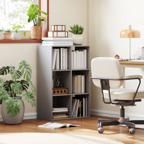 Gray modular bookshelf with multiple open cubbies made of particle board in light grey perfect for home office storage