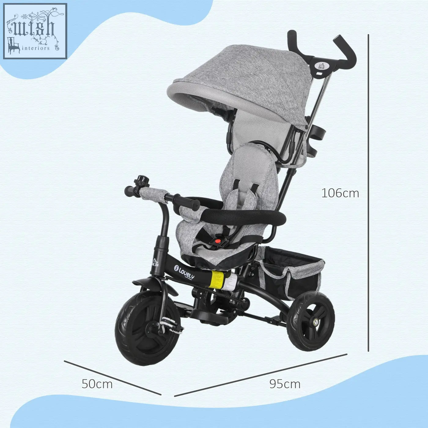 Gray homcom 6 in 1 kids trike with parent-push handle three wheels safety belt canopy and textured fabric seat