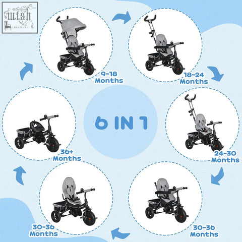 Gray and black homcom 6 in 1 kids trike with three wheels safety belt and parent push handle for toddlers