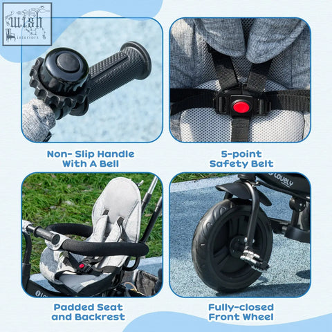 Gray and black homcom 6 in 1 toddler tricycle with three wheels safety belt and parent-push handle for 1-5 years