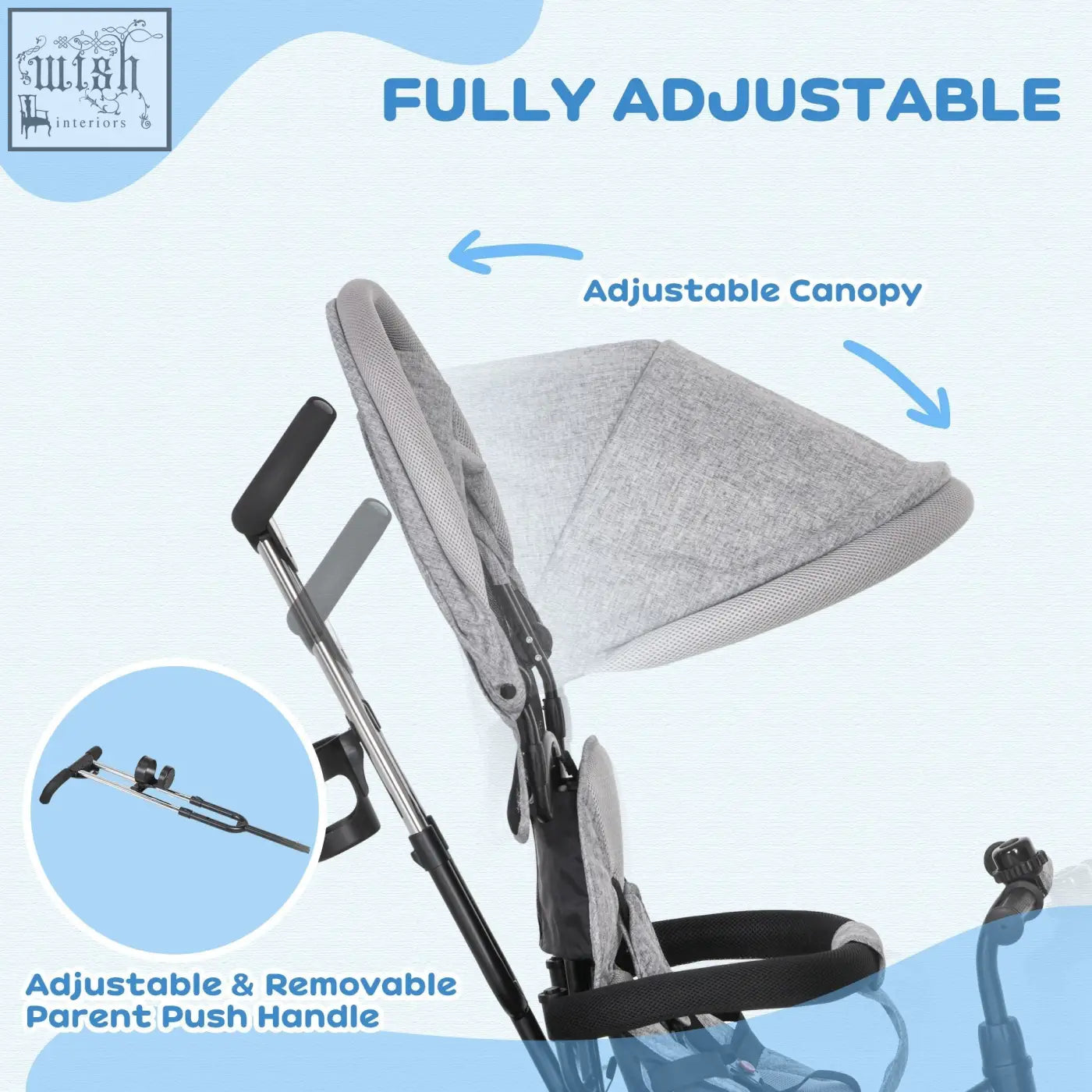 Gray textured fabric canopy with adjustable black parent-push handle on homcom 6 in 1 trike with three wheels and safety belt
