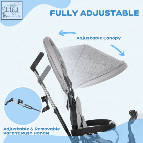 Gray textured fabric canopy with adjustable black parent-push handle on homcom 6 in 1 trike with three wheels and safety belt