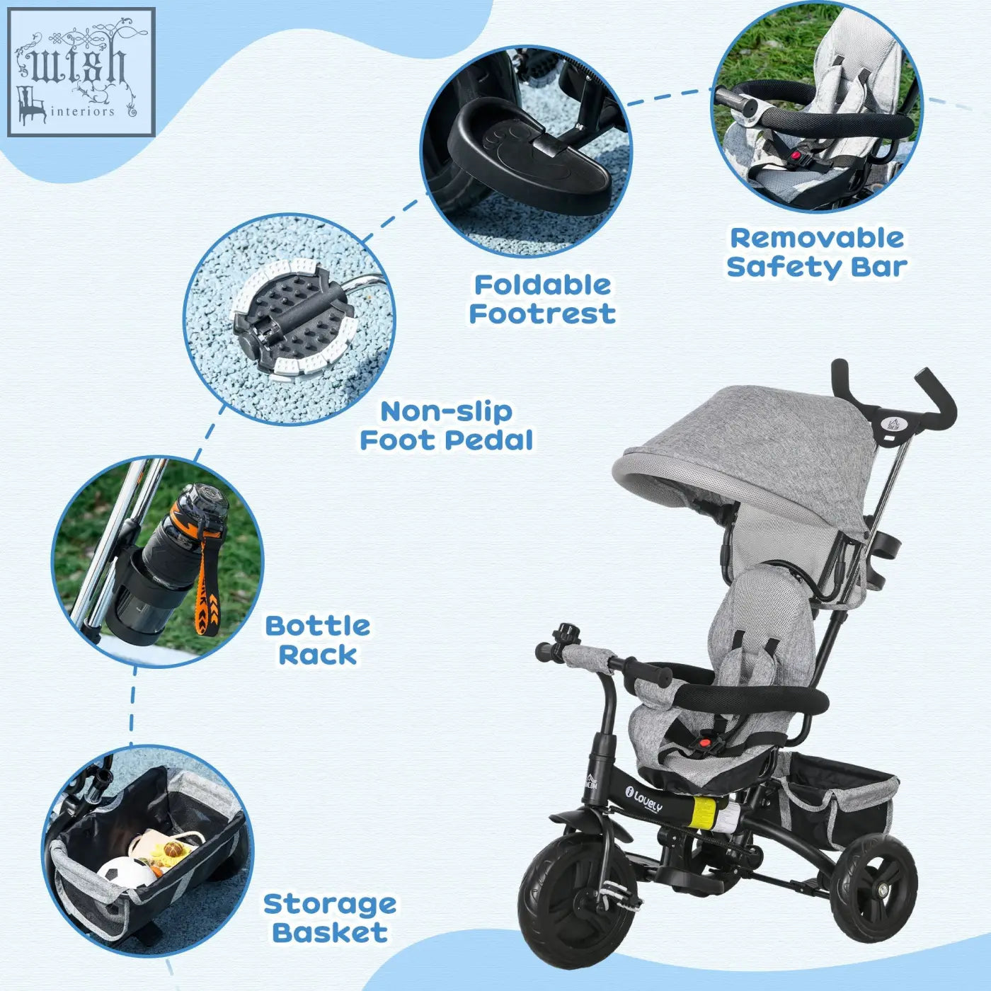 Grey homcom 6 in 1 toddler trike with three wheels safety belt parent-push handle canopy and storage basket