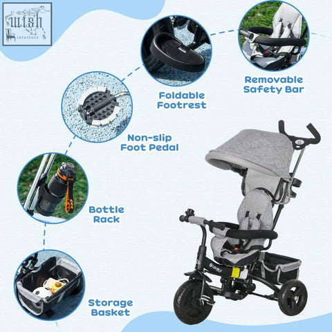 Grey homcom 6 in 1 toddler trike with three wheels safety belt parent-push handle canopy and storage basket