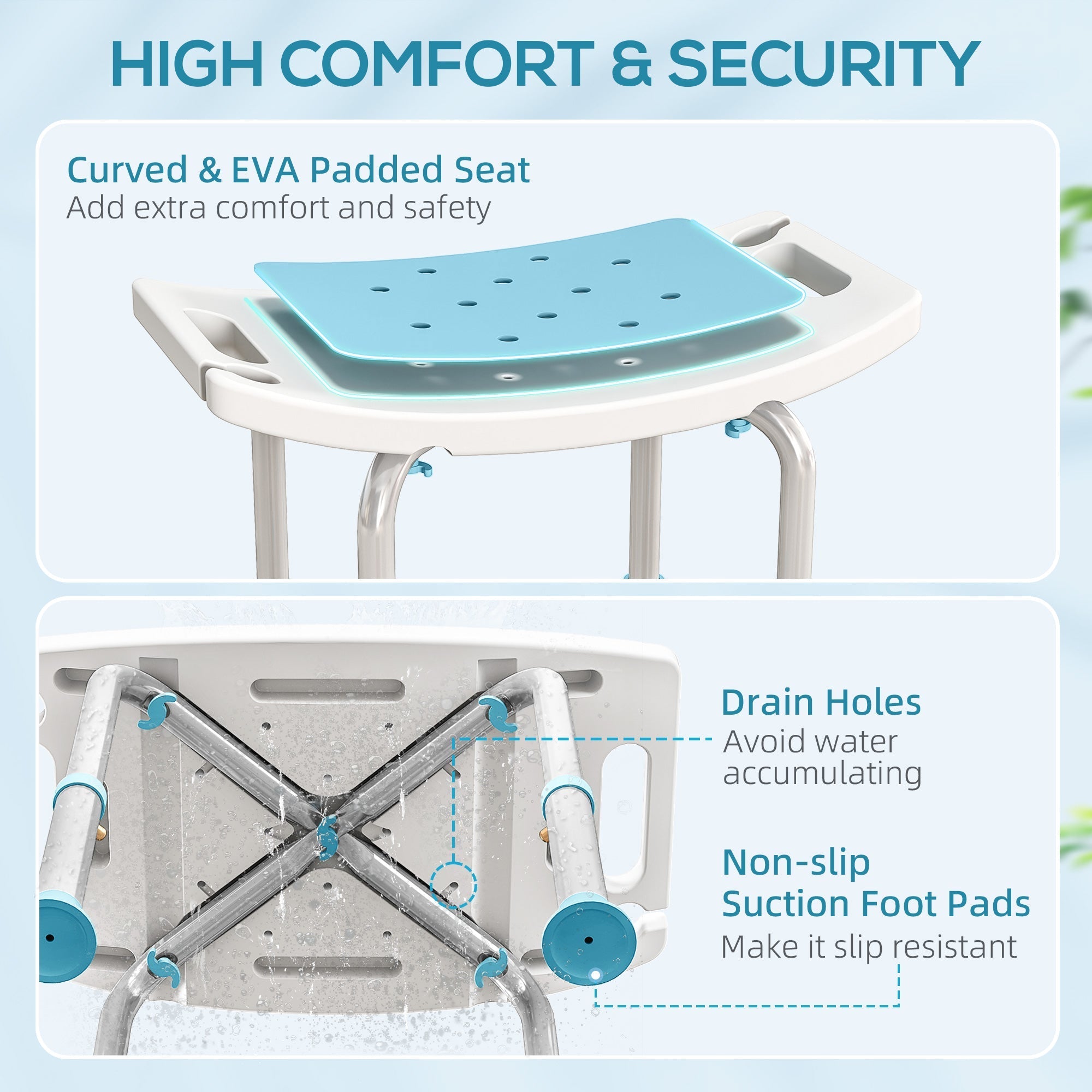Light blue eva padded bath chair with white plastic frame metal legs suction foot pads and drainage holes 52w x 31d