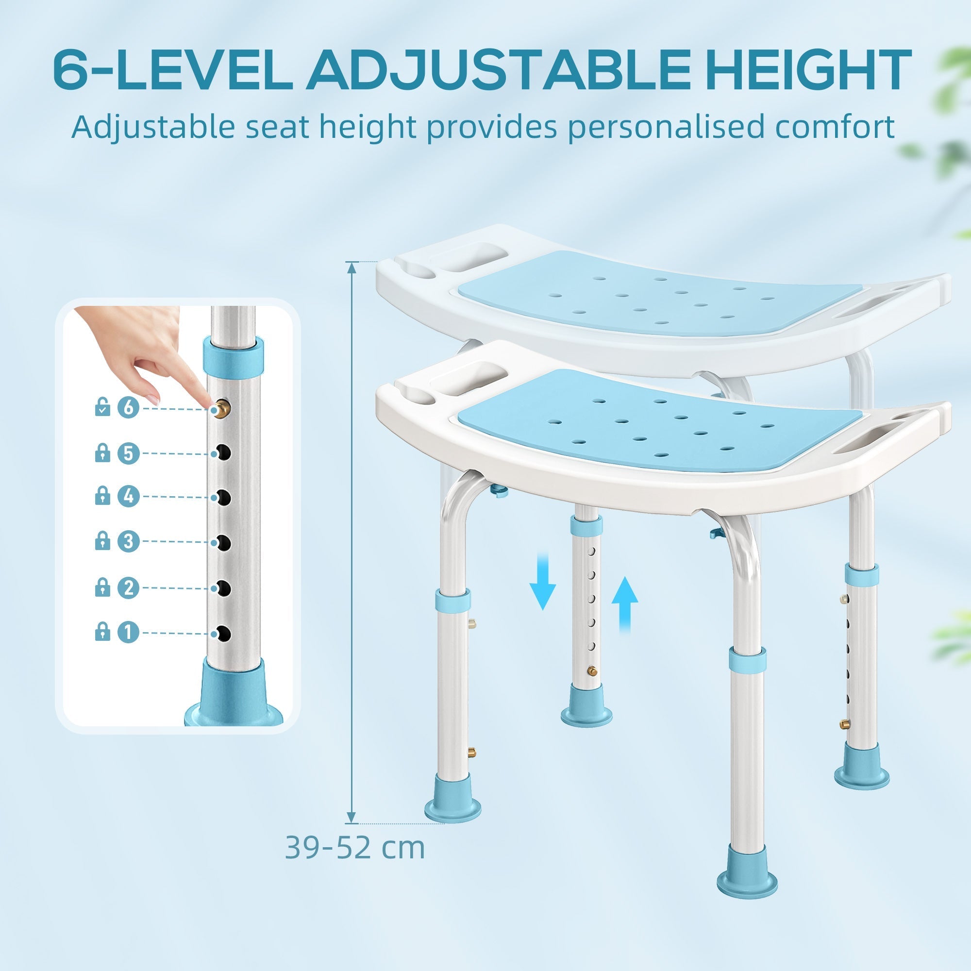 Adjustable height bath chair with white and light blue plastic seat, aluminium frame, drainage holes, and non-slip foot pads 52w x 31d