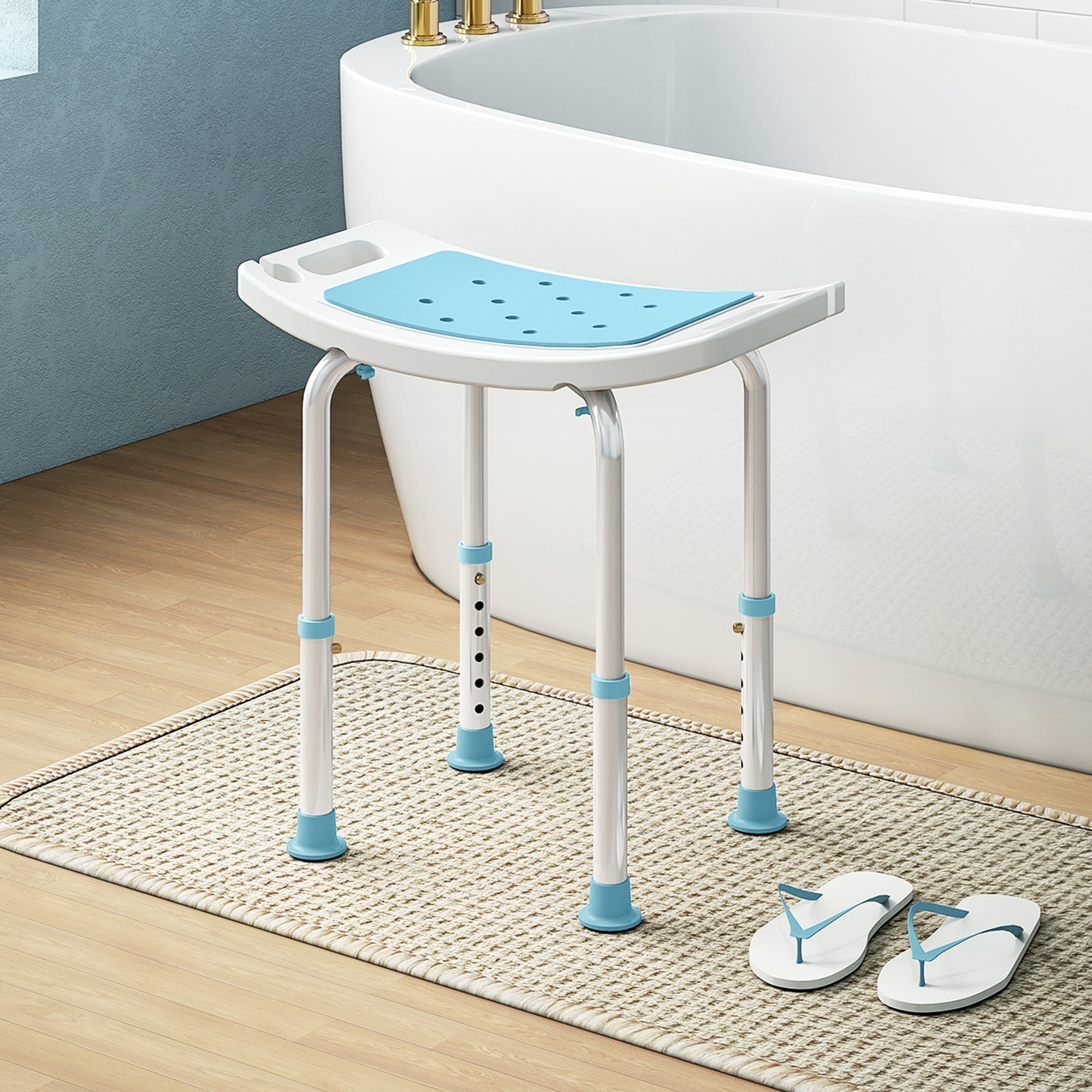 Light blue and white aluminium bath chair with 6-level height adjustable seat, drainage holes, and non-slip rubber feet 52w x 31d