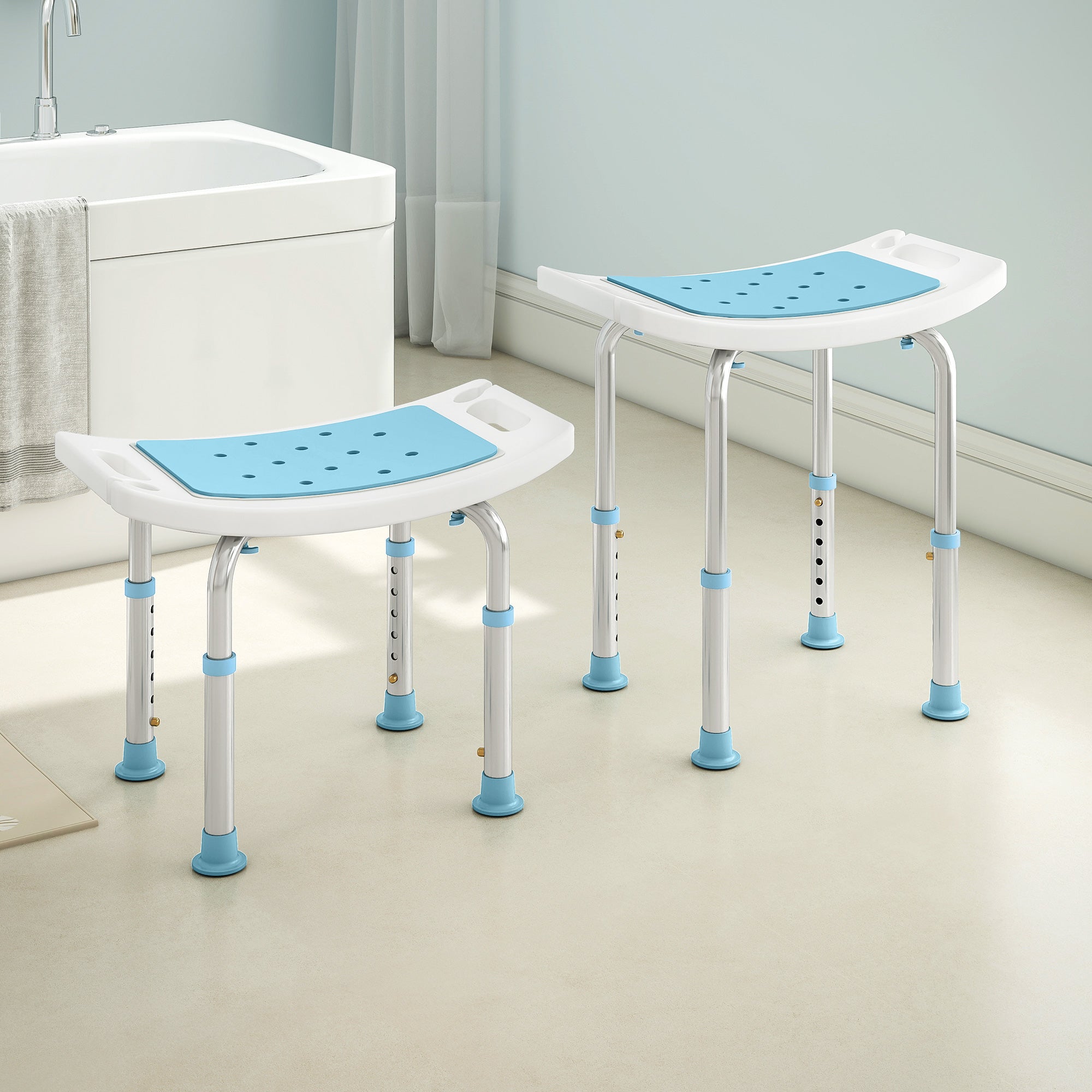 Homcom bath chair with adjustable aluminum frame white plastic and turquoise padded seat drainage holes 52w x 31d