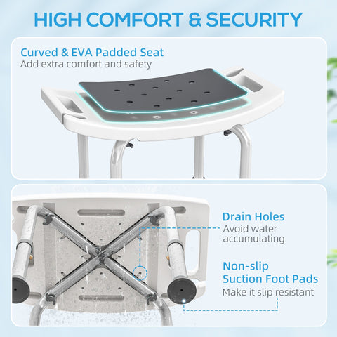 White curved aluminium bath chair with black eva padded seat drainage holes non slip suction foot pads 52w x 31d