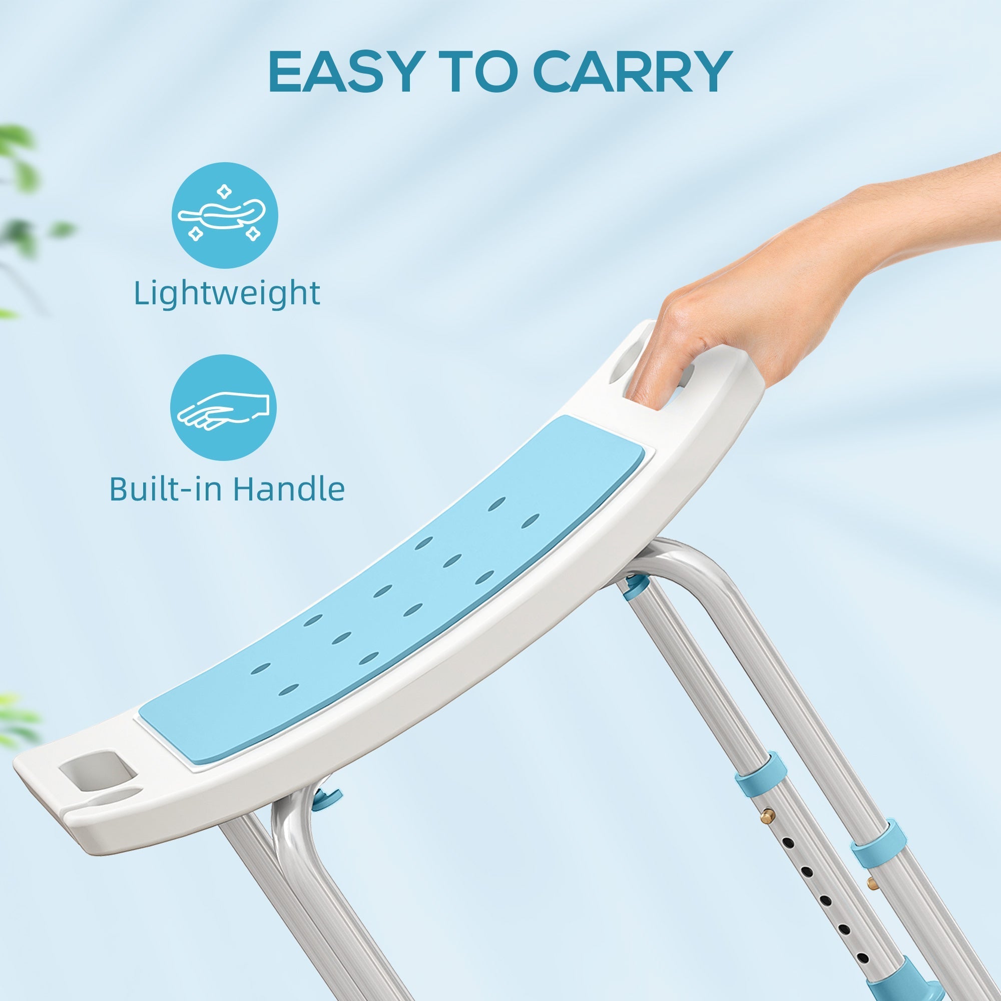 Homcom lightweight white and light blue plastic bath chair with built-in handle and drainage holes 52w x 31d