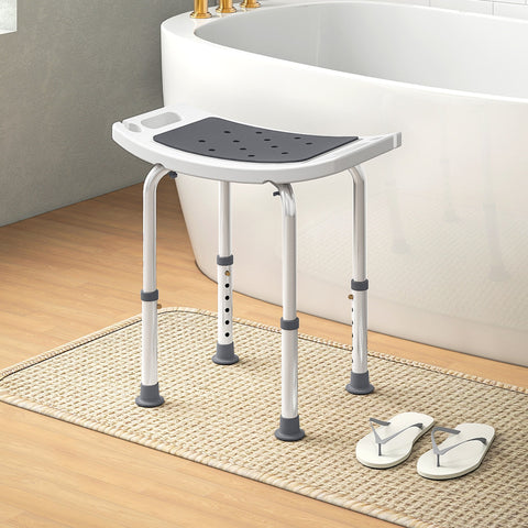 Grey and white aluminium bath chair with 6-level height, perforated black seat pad with drainage holes 52w x 31d