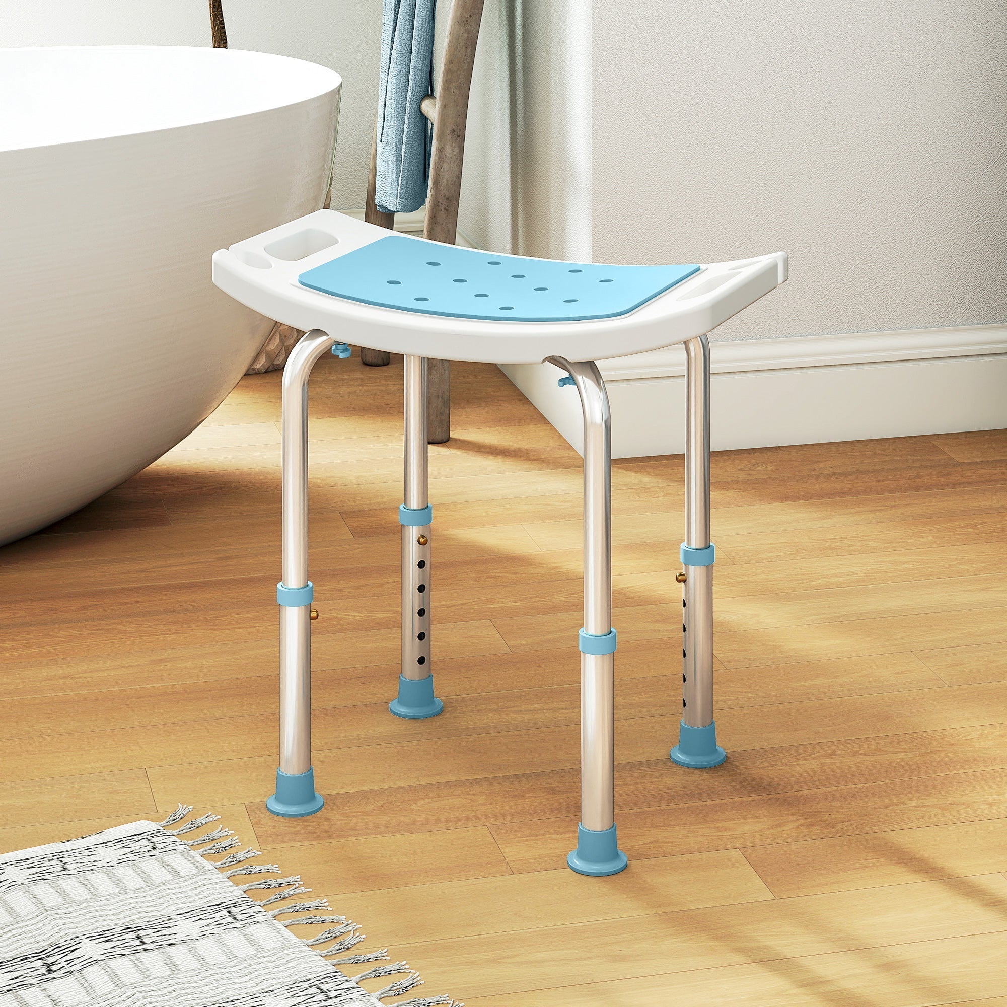 Adjustable height bath chair with aluminum frame, turquoise padded seat with drainage holes, non slip foot caps, 52w x 31d