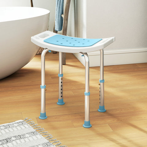 Adjustable height bath chair with aluminum frame, turquoise padded seat with drainage holes, non slip foot caps, 52w x 31d