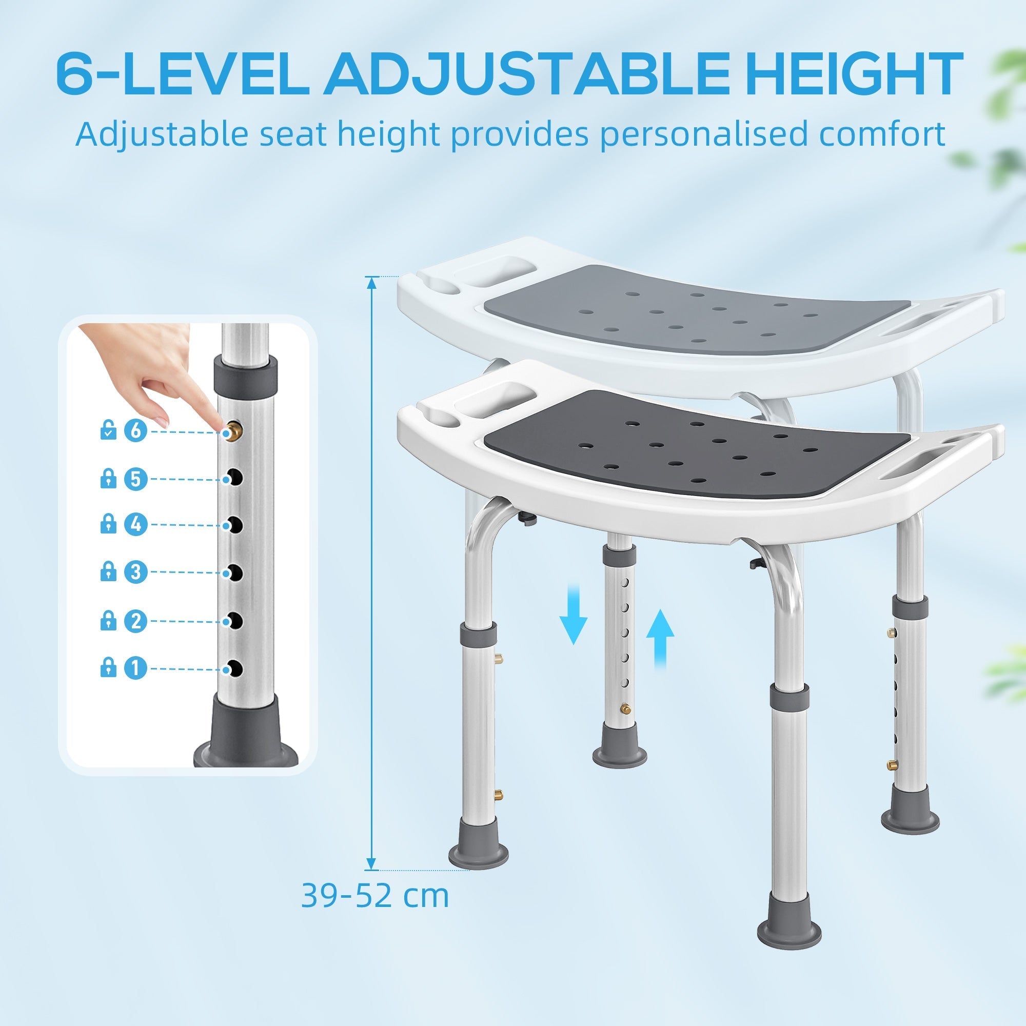 Adjustable height bath chair with white plastic frame gray seat drainage holes and silver aluminum legs 52w x 31d