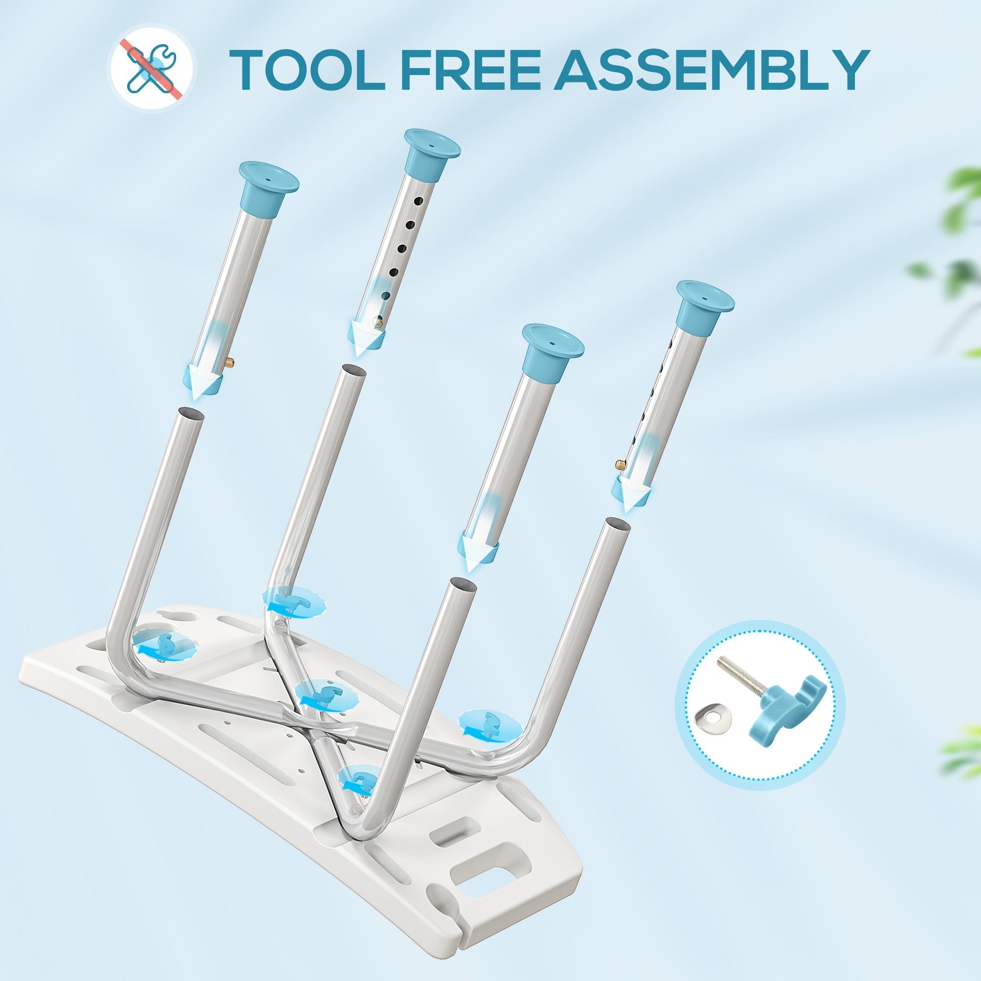 Silver and light blue tool-free assembly drink holder with plastic base for bath chair with drainage holes 52w x 31d