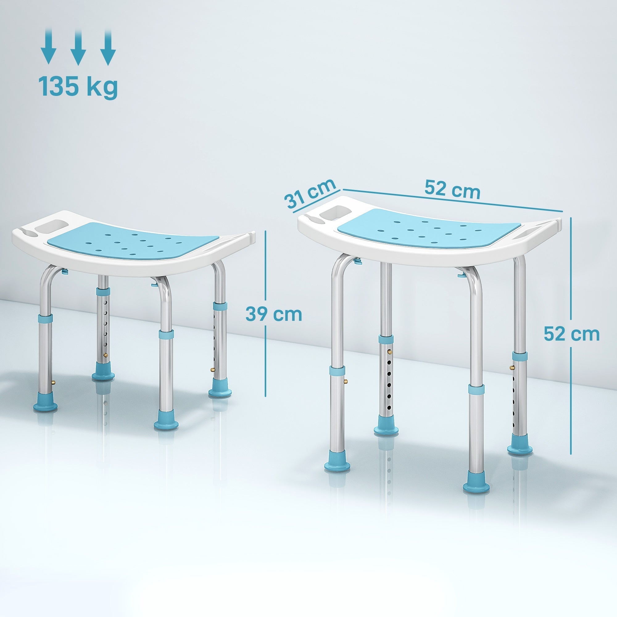 Adjustable height bath chair with light blue perforated plastic seat drainage holes and silver aluminum legs 52w x 31d