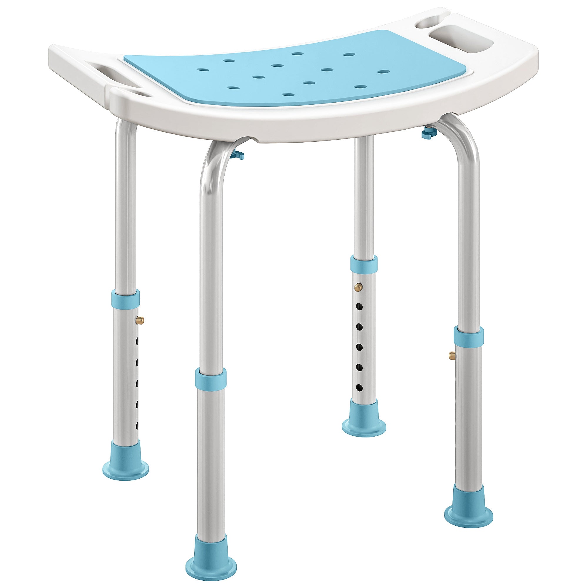 Adjustable height aluminum bath chair with light blue perforated seat drainage holes and teal foot pads 52w x 31d
