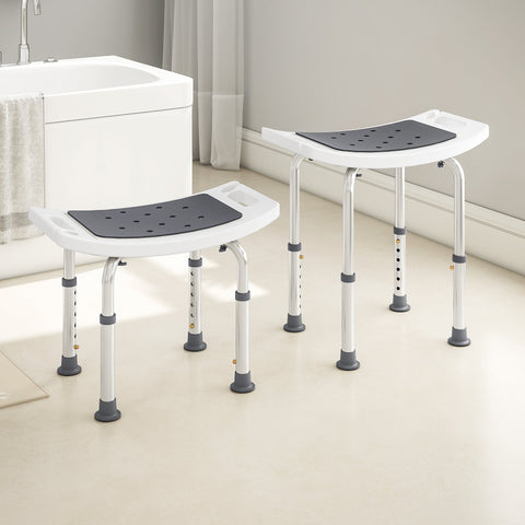 Adjustable height bath chair with white plastic frame gray perforated seat drainage holes 52w x 31d aluminum frame
