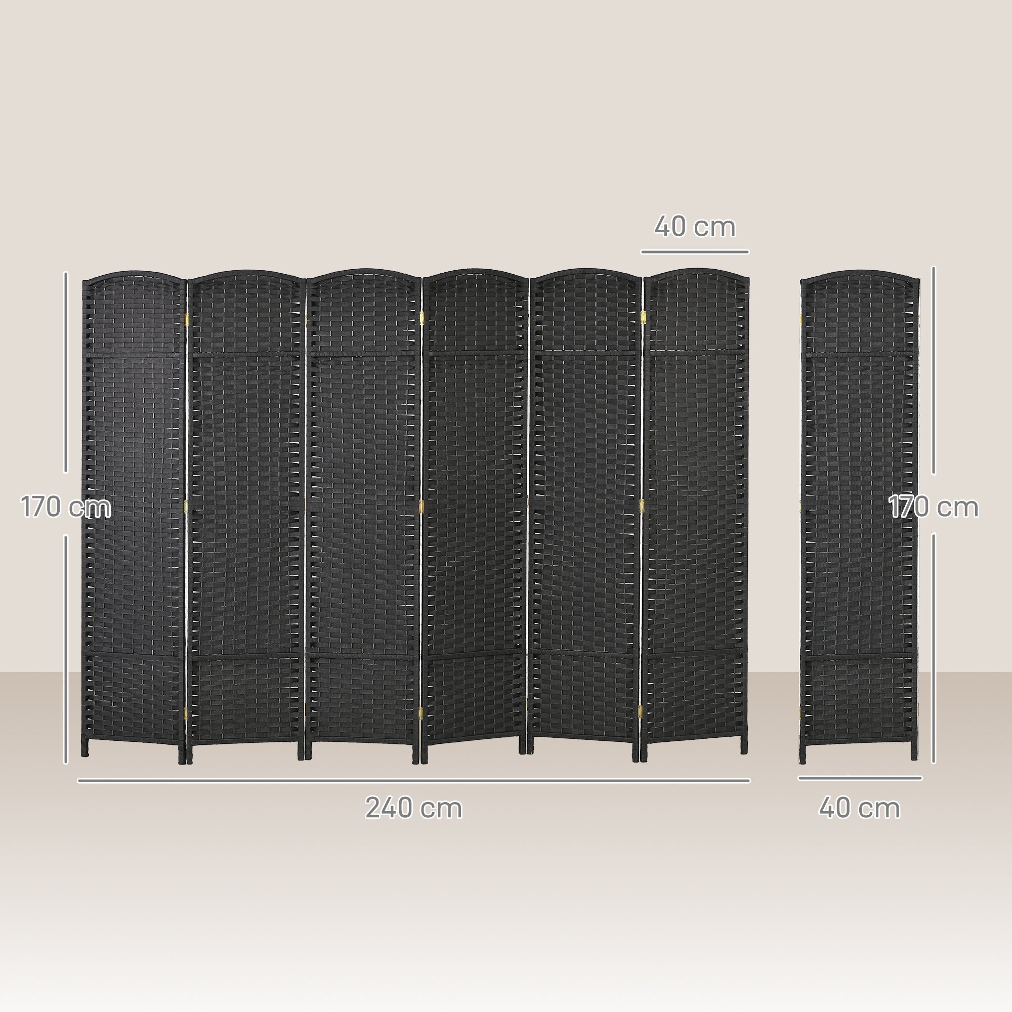 Homcom black woven rattan folding room divider with six panels and gold hinges for living room privacy