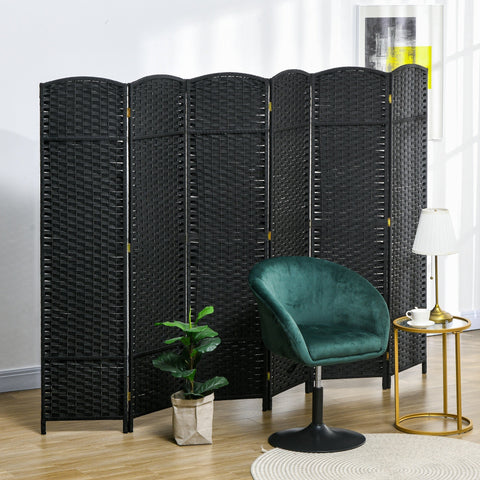 Black woven wicker folding room divider with curved top edges and gold hinges freestanding privacy screen