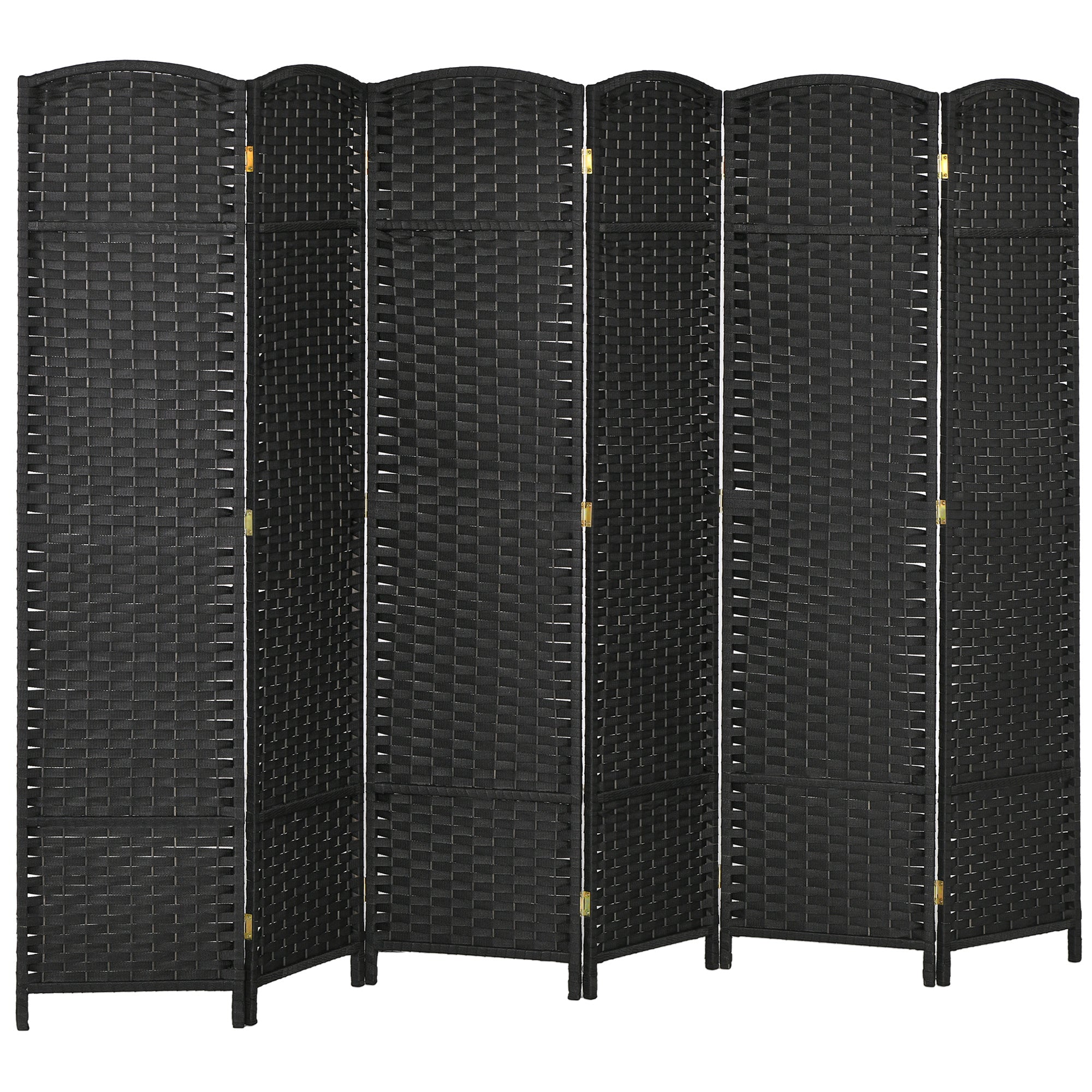 Black woven rattan folding room divider with six arched panels and gold-toned hinges for living room privacy