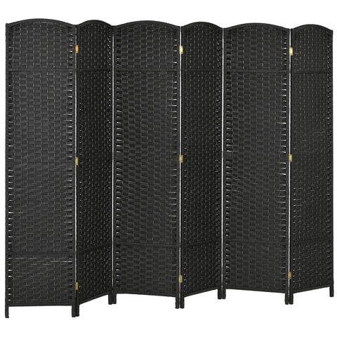 Black woven rattan folding room divider with six arched panels and gold-toned hinges for living room privacy