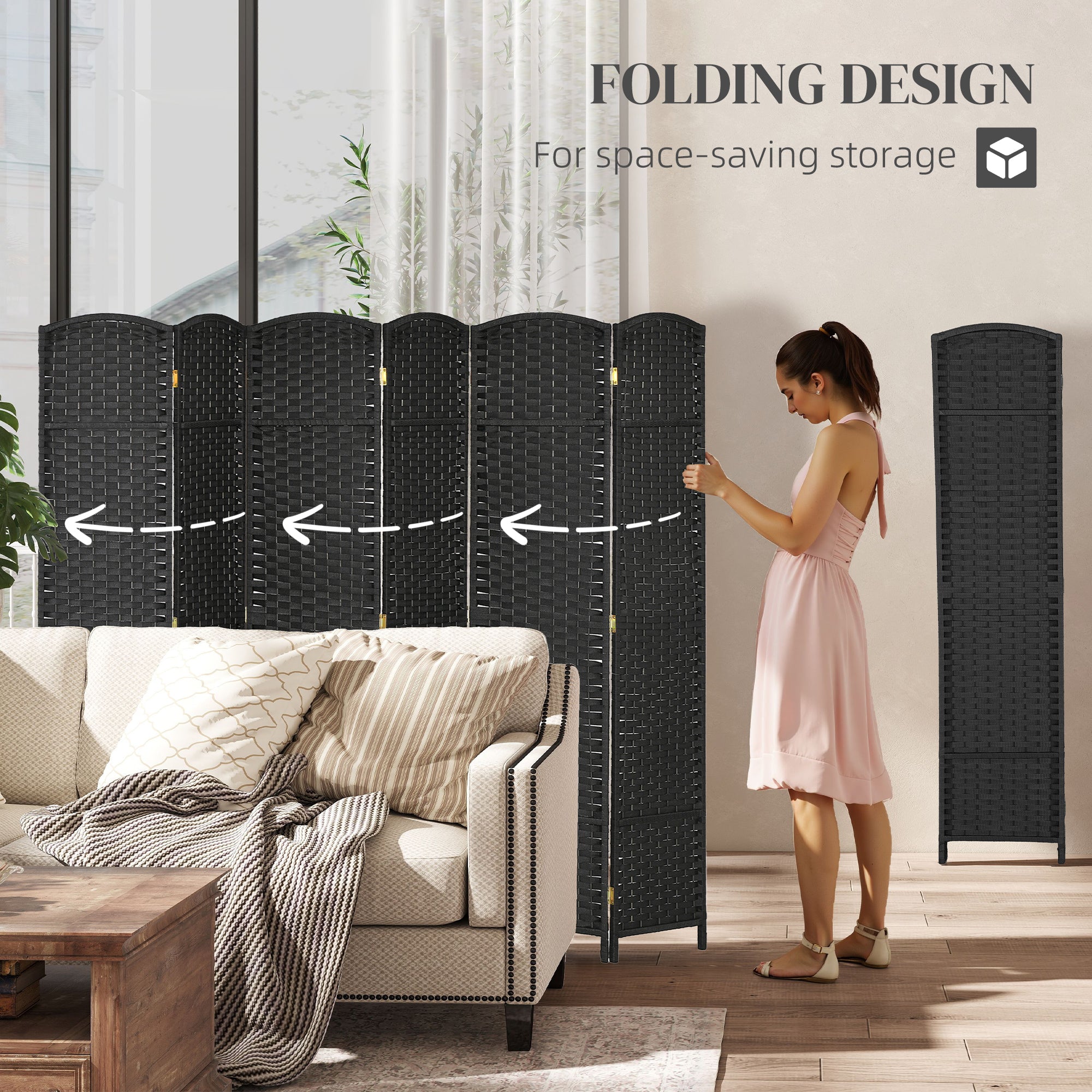 Black woven wicker folding room divider with gold hardware freestanding privacy screen for living room bedroom office