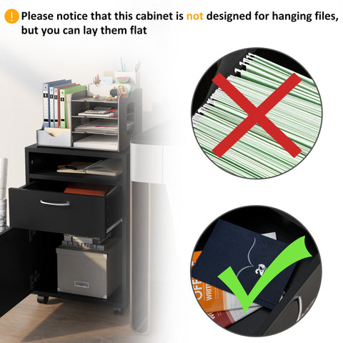 HOMCOM 60cm Filing Cabinet with Drawer, Open Shelf, Metal Handles and 4 Wheels, Office Home Organiser Mobile Printer, Black
