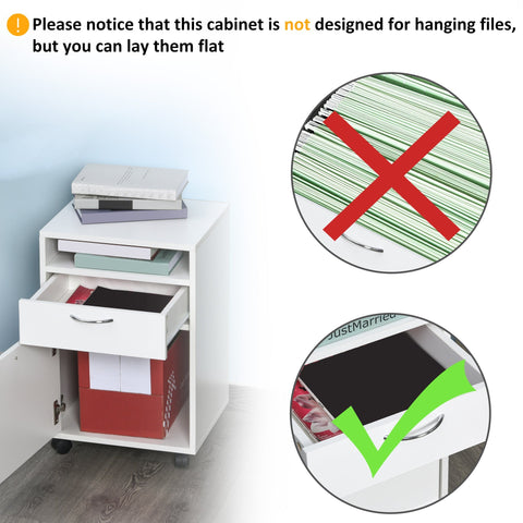 HOMCOM 60cm Filing Cabinet with Drawer, Open Shelf, Metal Handles and 4 Wheels, Office Home Organiser Mobile Printer, White