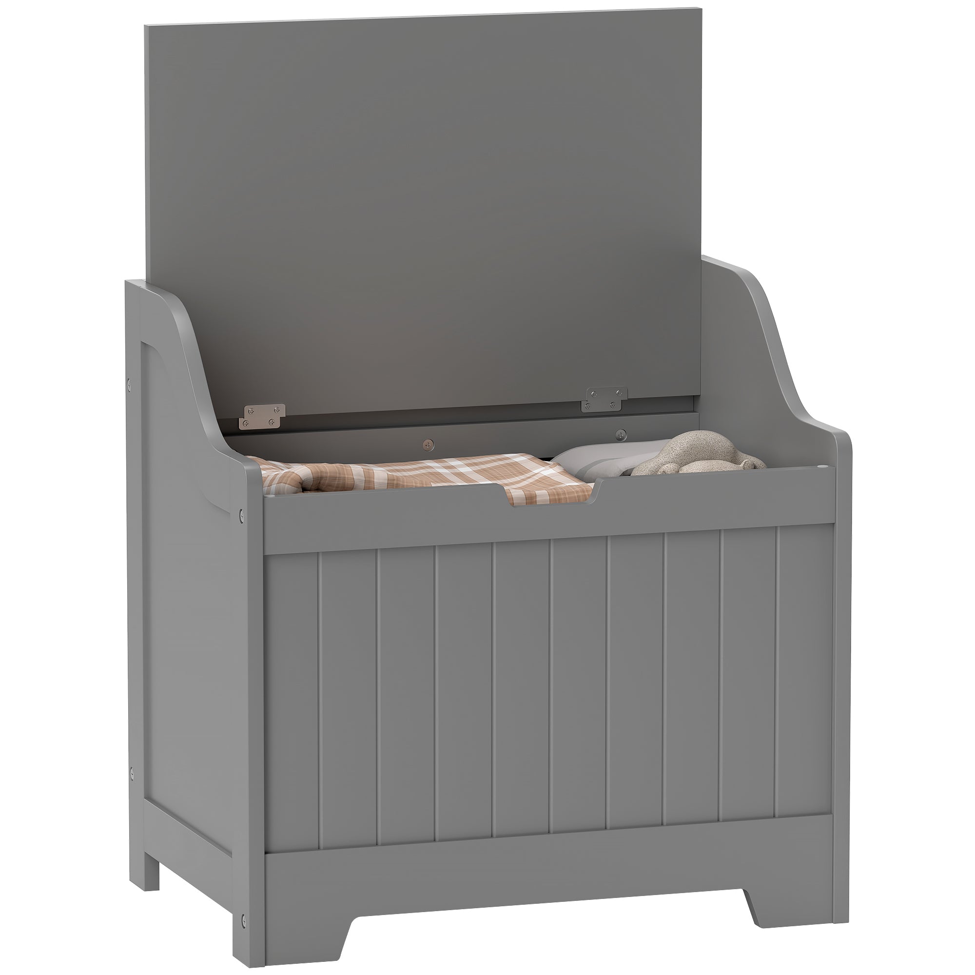 Gray wooden homcom 61l storage chest with hinged lid and safety hinge keeps home tidy with folded blankets inside