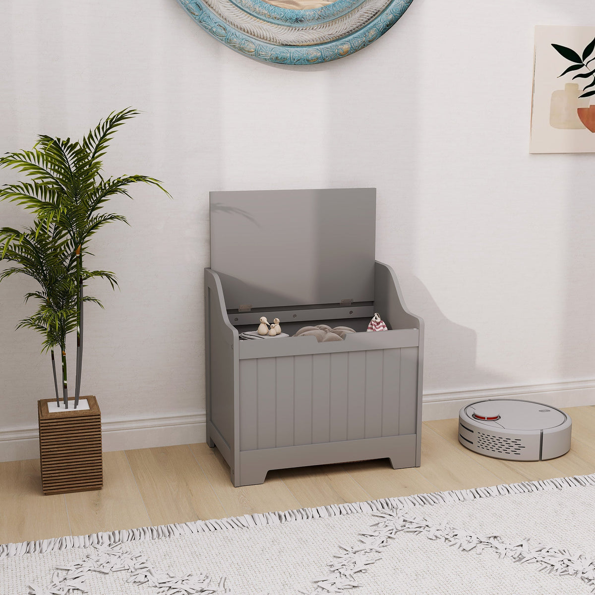 Homcom 61l grey wooden storage chest with hinged lid and safety hinge for home tidy vertical slat paneling