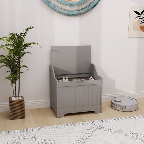 Homcom 61l grey wooden storage chest with hinged lid and safety hinge for home tidy vertical slat paneling
