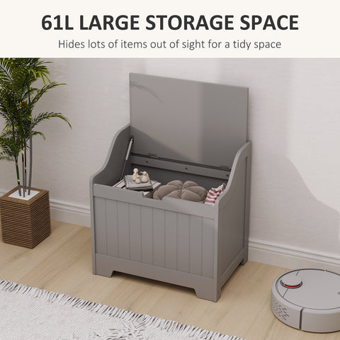 Grey wooden storage chest with hinged lid and safety hinge for home tidy featuring vertical slat paneling
