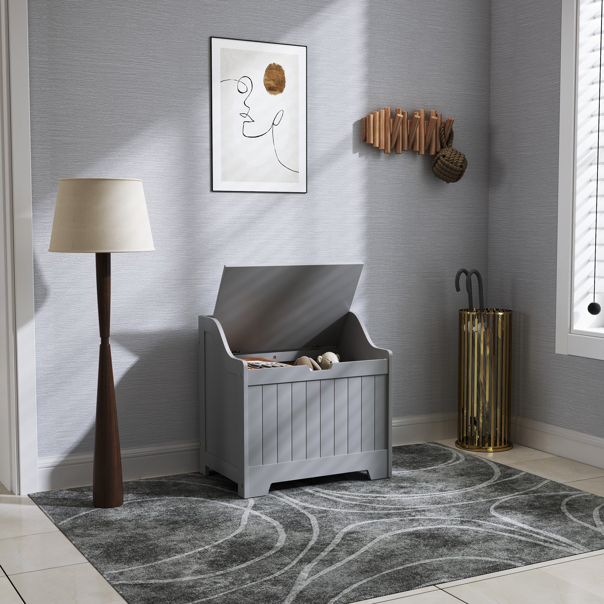 Grey wooden storage chest with vertical slat paneling and safety hinge for home tidy in the homcom 61l model