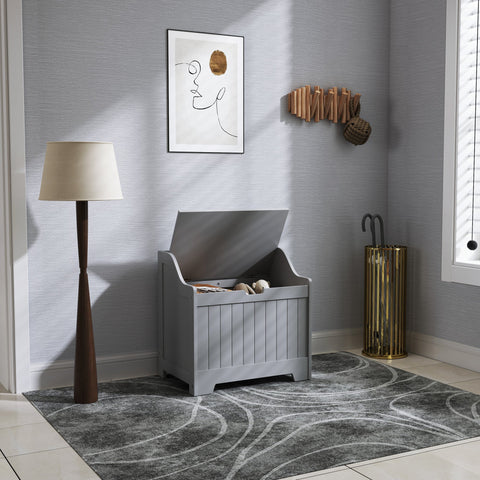Grey wooden storage chest with vertical slat paneling and safety hinge for home tidy in the homcom 61l model