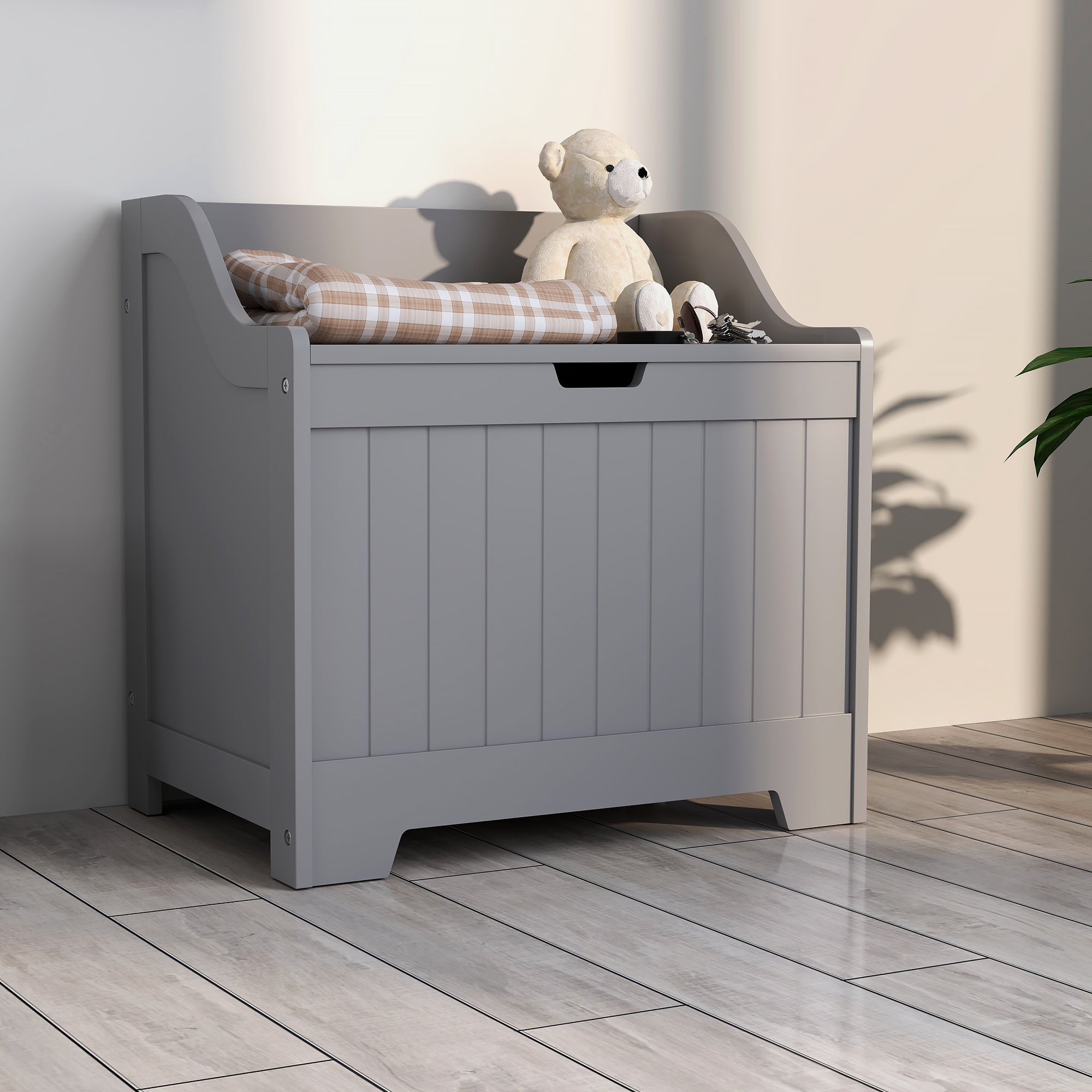 Gray wooden home storage chest with curved backrest and safety hinge for home tidy and durable storage chest