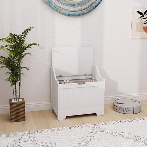 White wooden home storage chest with hinged lid and decorative panels perfect for home tidy with safety hinge