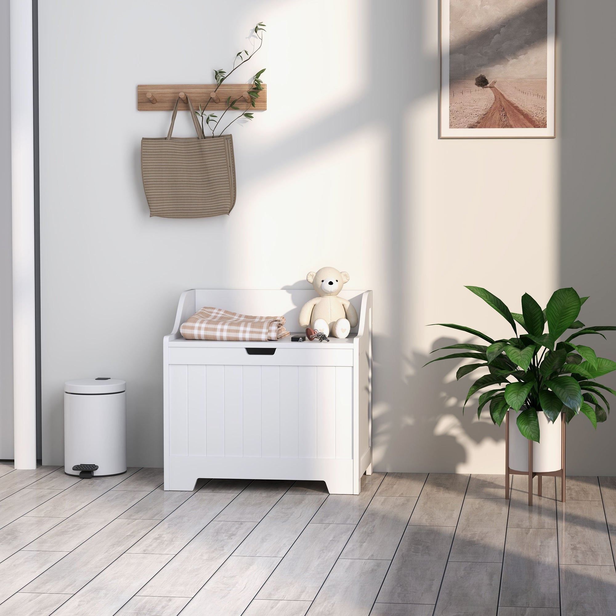 White wooden homcom 61l storage chest with safety hinge topped with plaid blanket and stuffed bear for home tidy