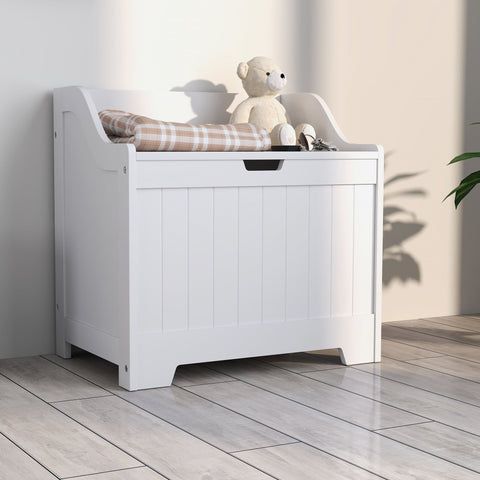 White wooden homcom 61l storage chest with slatted front black handle plaid blanket and stuffed bear for home tidy with safety hinge