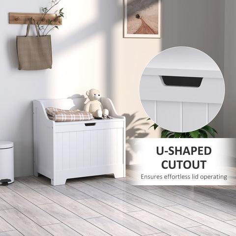 White wooden storage chest with u-shaped lid cutout and safety hinge for easy home tidy and storage chest use